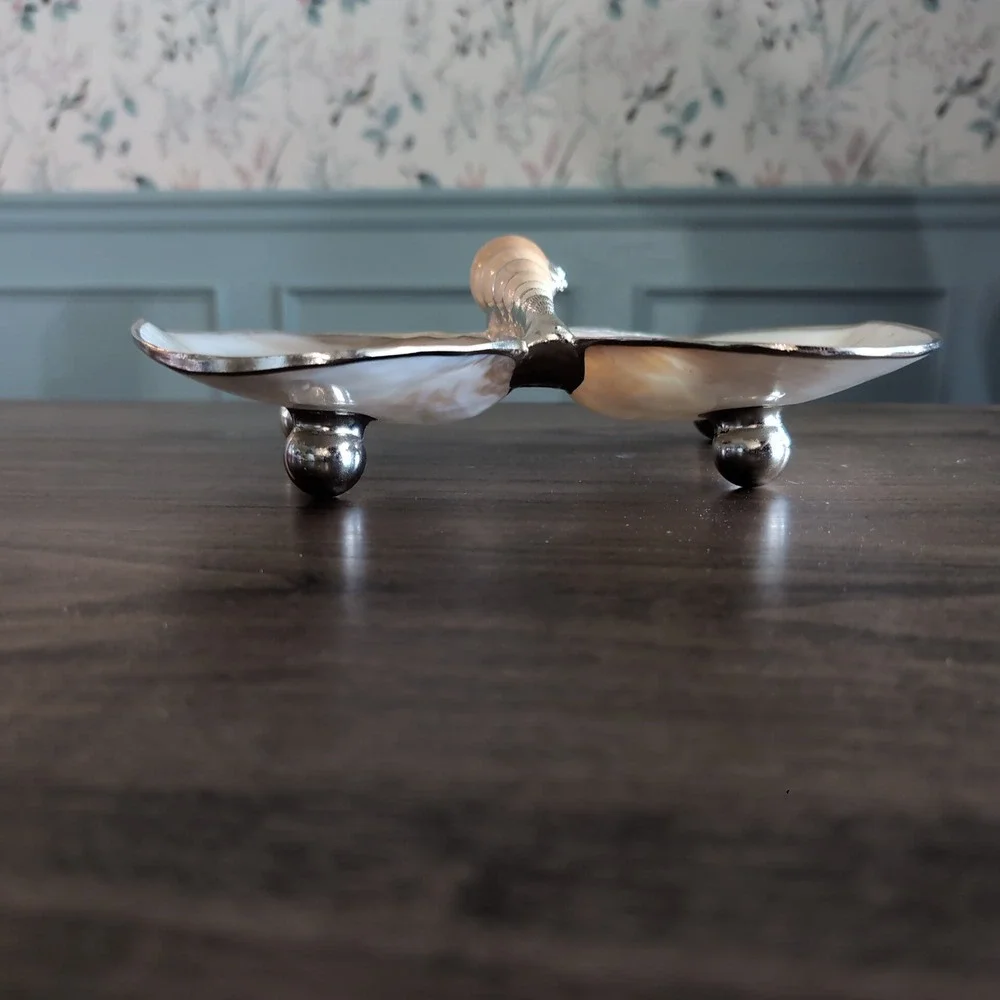 Large Vintage Mother of Pearl Clam Shell Trinket Dish Feet Manila Nautical Decor